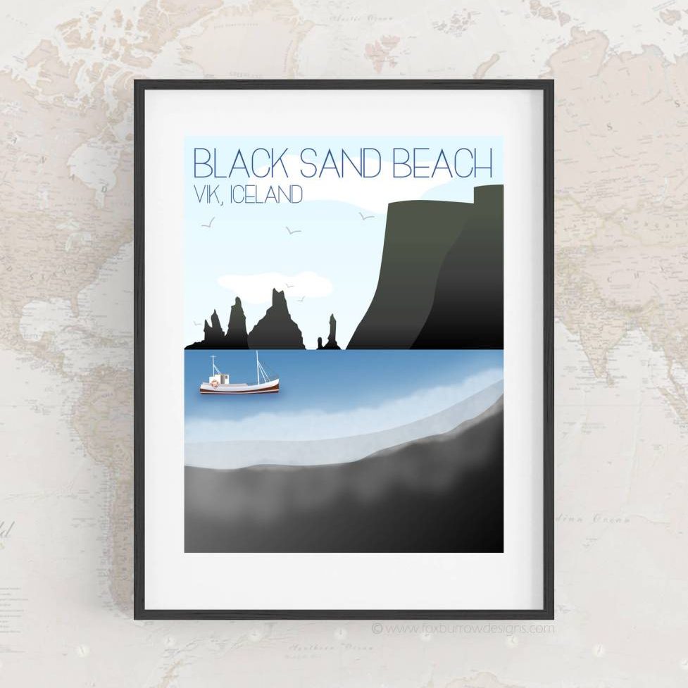 iceland travel art black sand beach