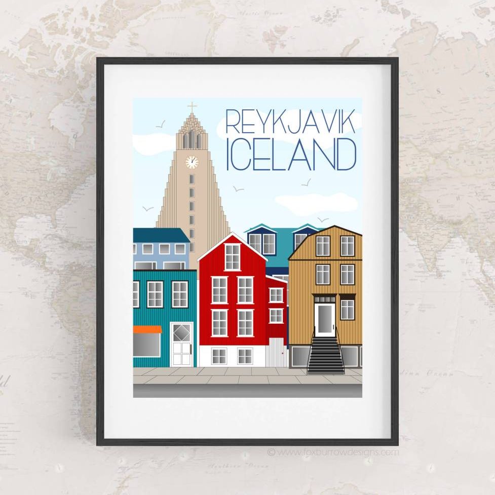 iceland travel art print reykjavik city